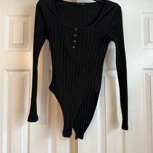 Black Ribbed Long Sleeve Bodysuit